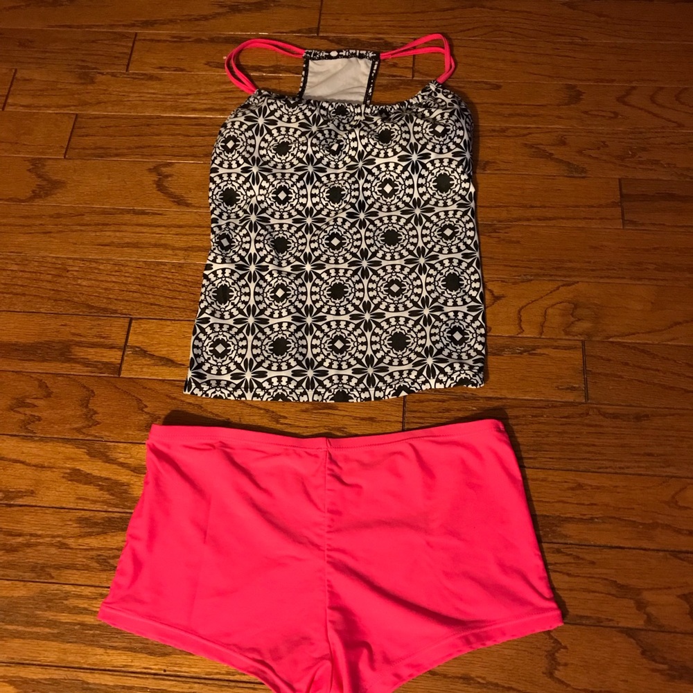 Black, white, and pink two piece bathing suit